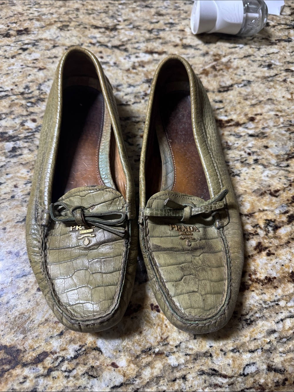 Prada Olive Croc-Embossed Leather Loafers with Bow Detail - Women’s